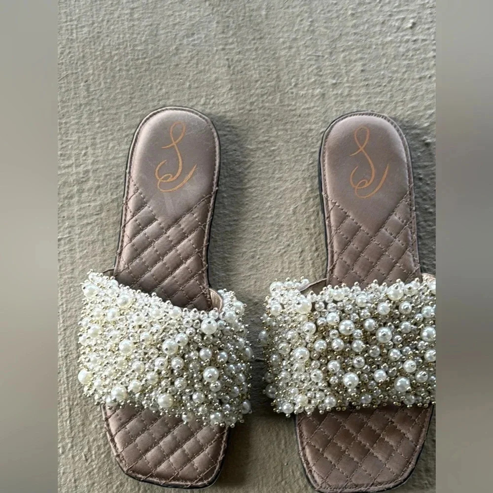 Sam Edelman Elijah Sandal Pearl Embellished Flat Pale Eggshell Slides Size 8 - Picture 5 of 11